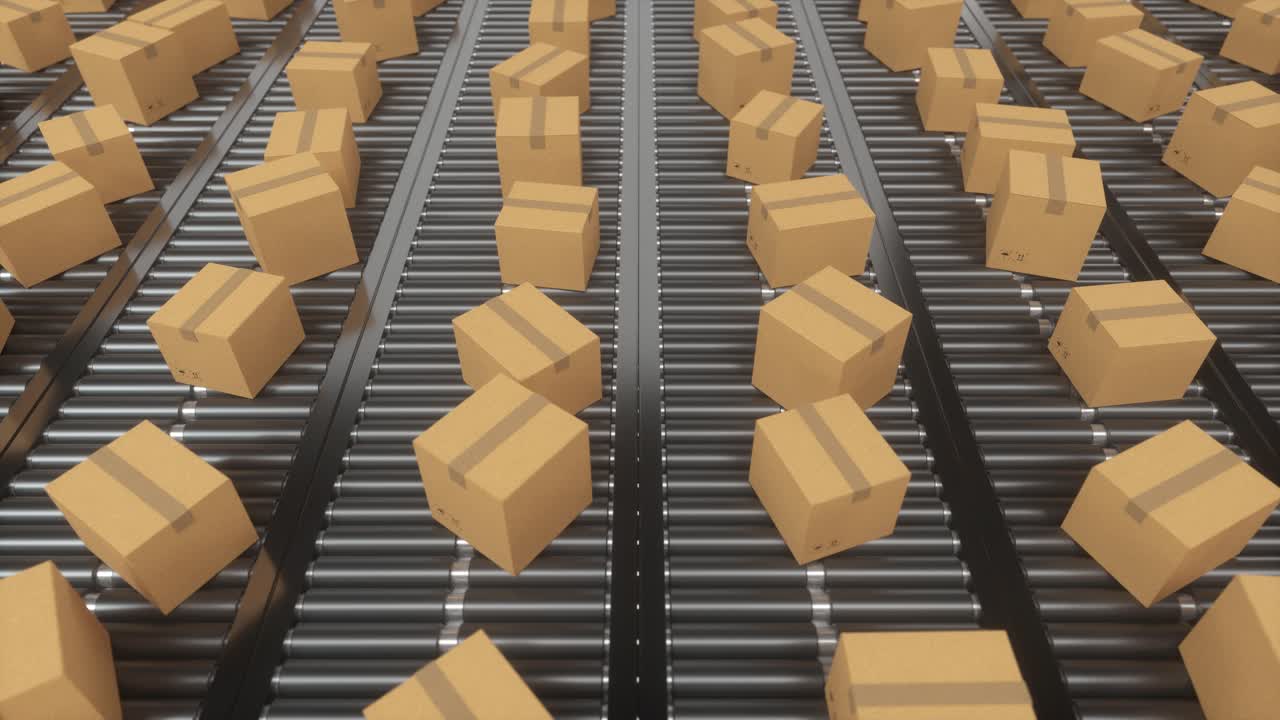 컨테이너 상자를 컨베이어 벨트에서 운반하는 3d 렌더링