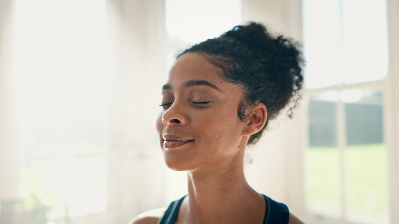 Face, yoga and meditation to relax with a woman