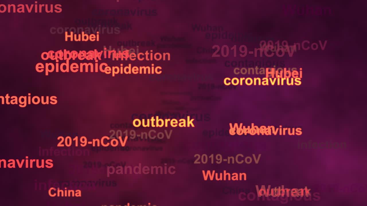 Woordwolk met namen van regio's waar het Coronavirus 2019-nCoV zich wereldwijd verspreidt. Animatieloop 4K