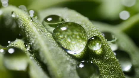 macro view of water droplets on a green leaf
