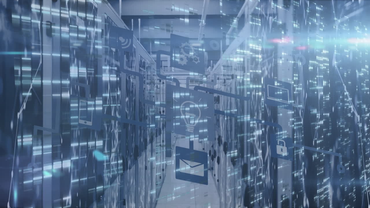 Animation of moving columns and network of connections over server room