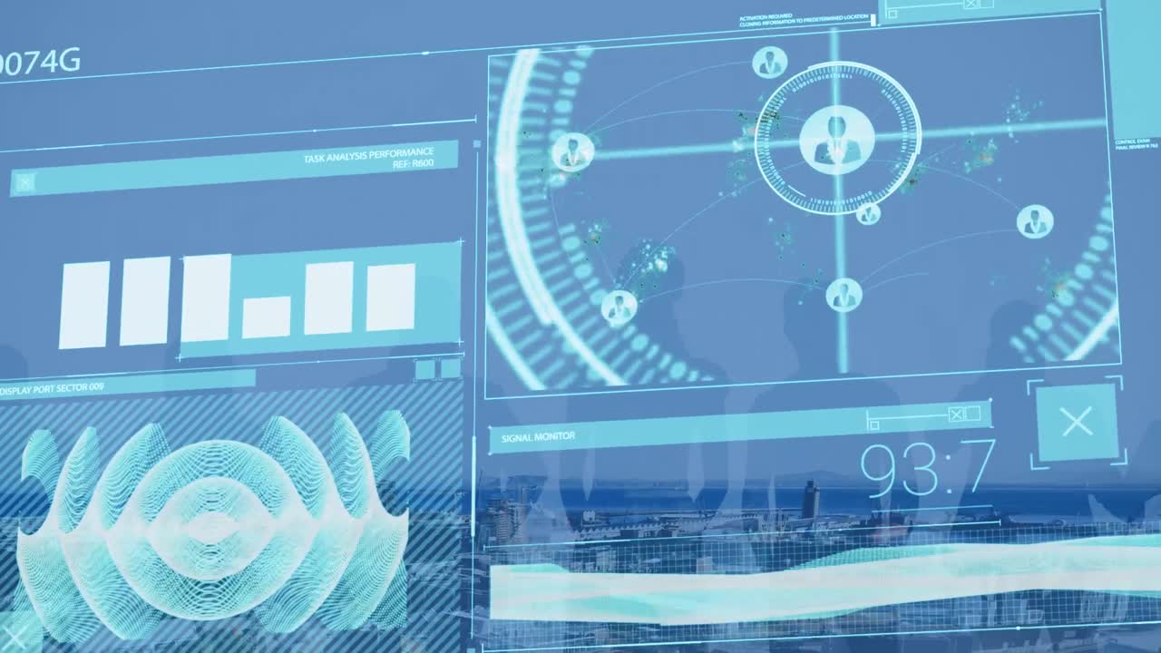 인포그래픽 데이터의 애니메이션, hud와 함께 그래프 처리, 비즈니스 사람들의 그림자와 함께 도시 풍경