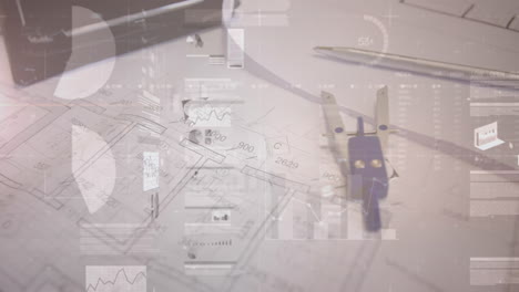 animación de estadísticas y procesamiento de datos financieros sobre planes de arquitectos y brújula