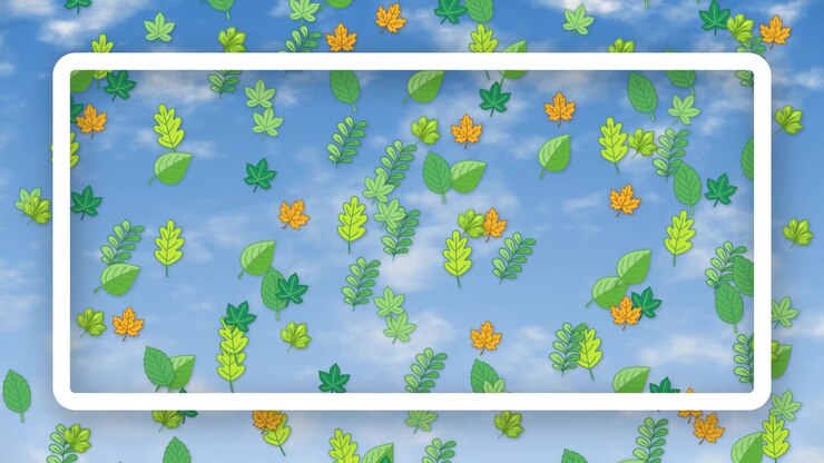 Green and yellow cartoon leaves fall against a blue sky background framing empty copy space.