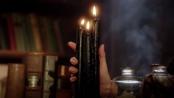 Mano che tiene tre candele nere accese in una stanza buia.