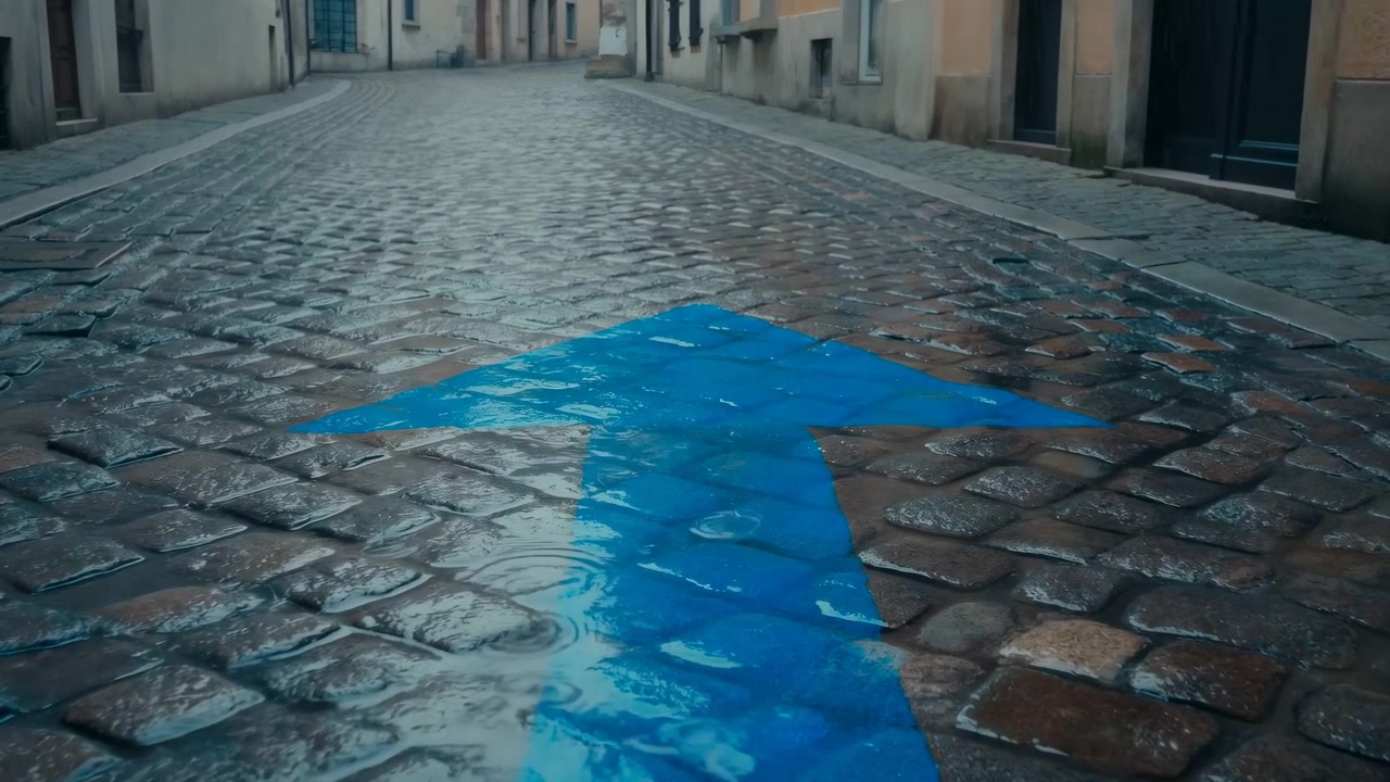 A metà sequenza, una freccia blu brillante dipinta su una strada di ciottoli bagnata dirige il movimento attraverso una stretta via urbana storica.