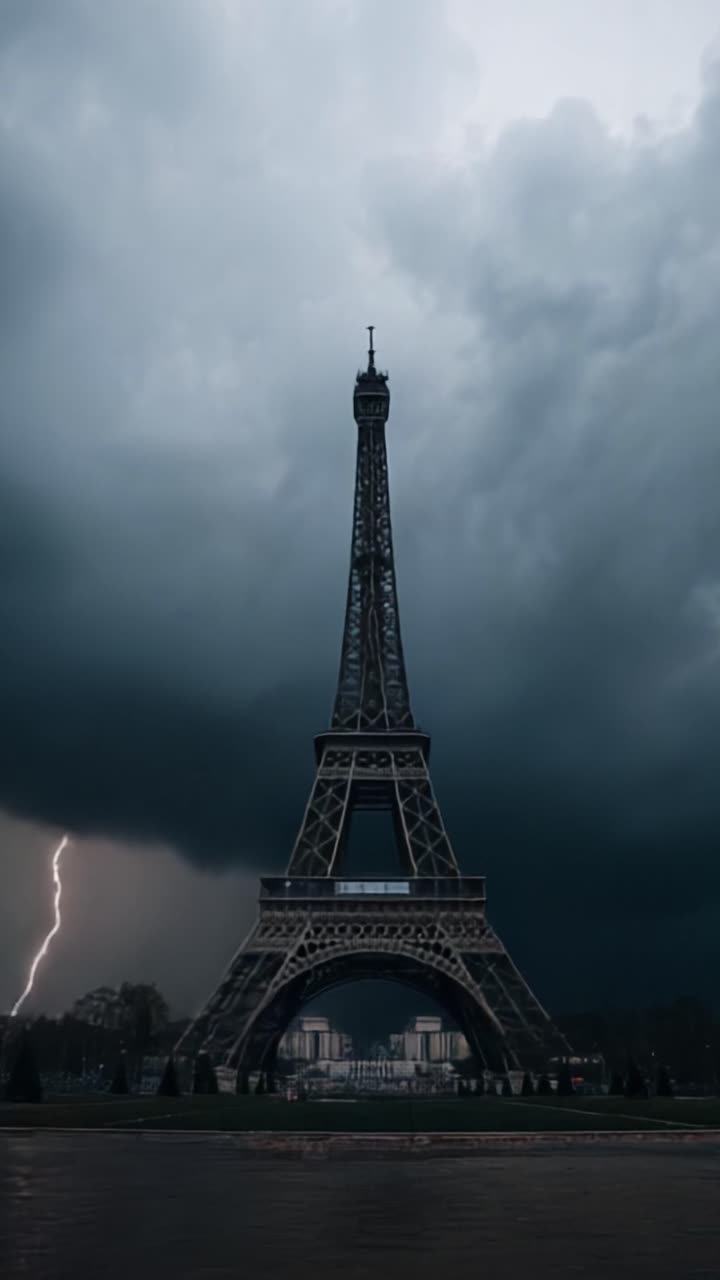 Una prospettiva drammatica della Torre Eiffel sotto cieli scuri e tempestosi, illuminata da fulmini impressionanti in un affascinante paesaggio urbano