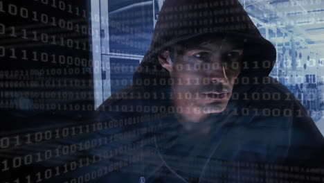 animación de un hombre encapuchado pirateando una computadora