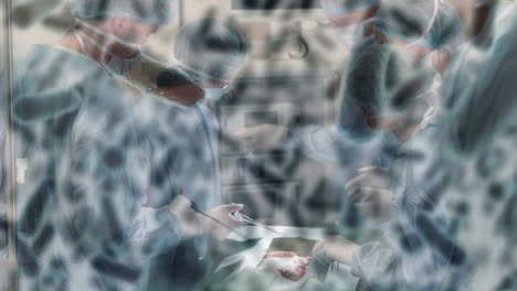 animación de células de virus flotando sobre los médicos durante la cirugía