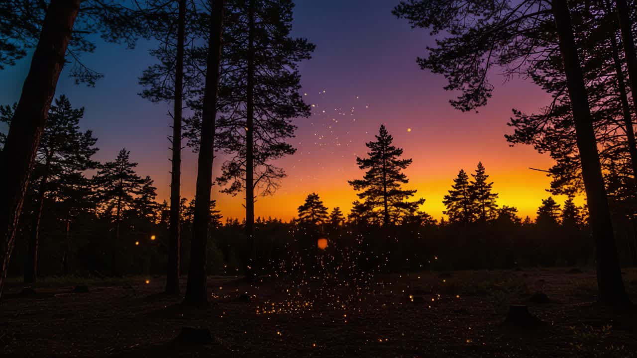 A Magical Sunset in the Forest with Glowing Sparks Illuminating the Twilight Sky and Tall Trees Silhouetted Against a Vibrant Colorful Horizon
