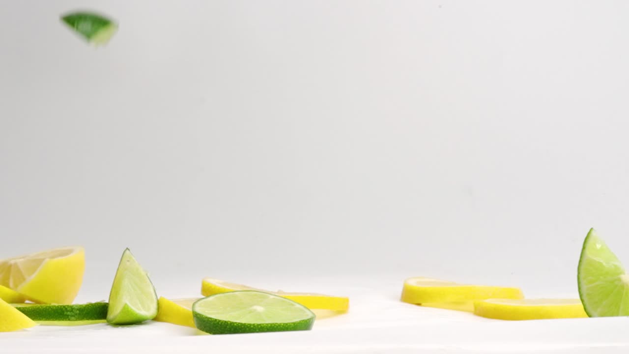 rodajas de limón amarillo brillante y gajos de lima verde cayendo en un montón sobre una mesa blanca en cámara lenta