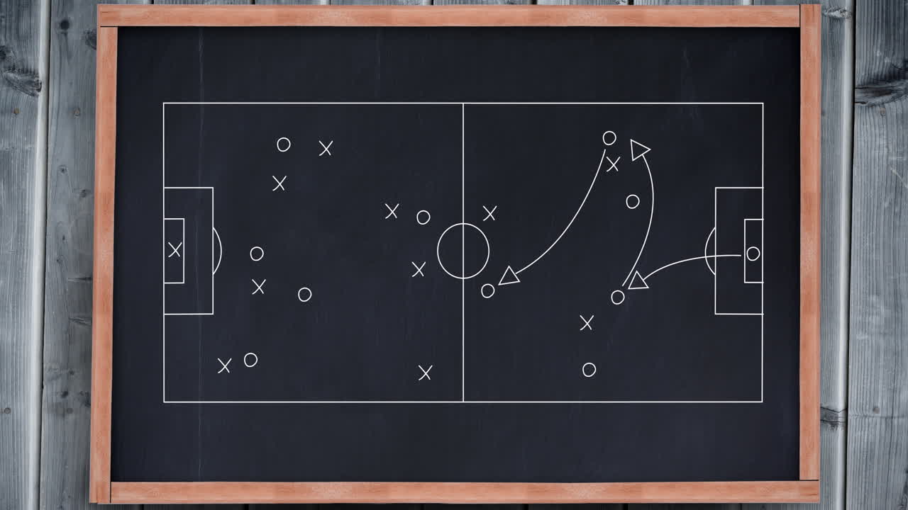 Animation of sports tactics over football field on blackboard background