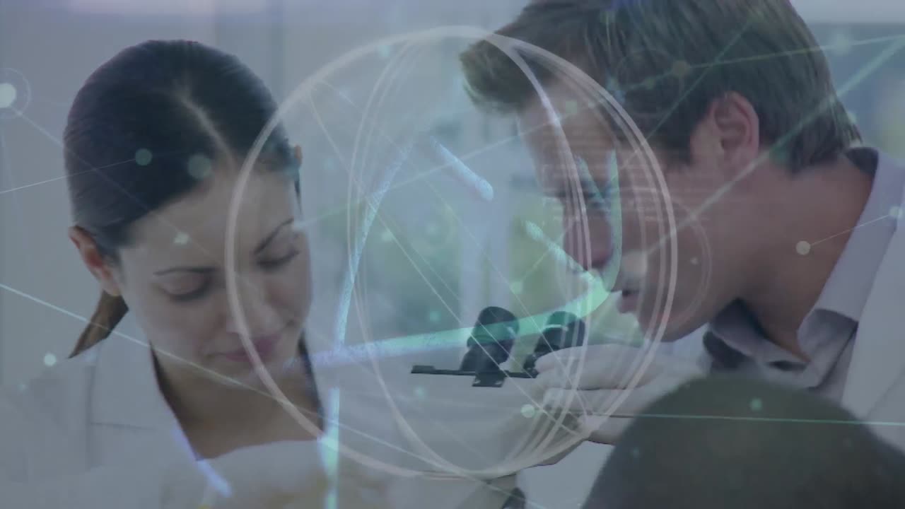 animación de la cadena de adn y el globo sobre diversos científicos en el laboratorio