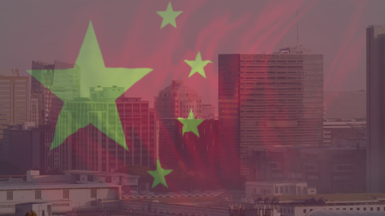 Animação da bandeira da China sobre uma paisagem urbana.