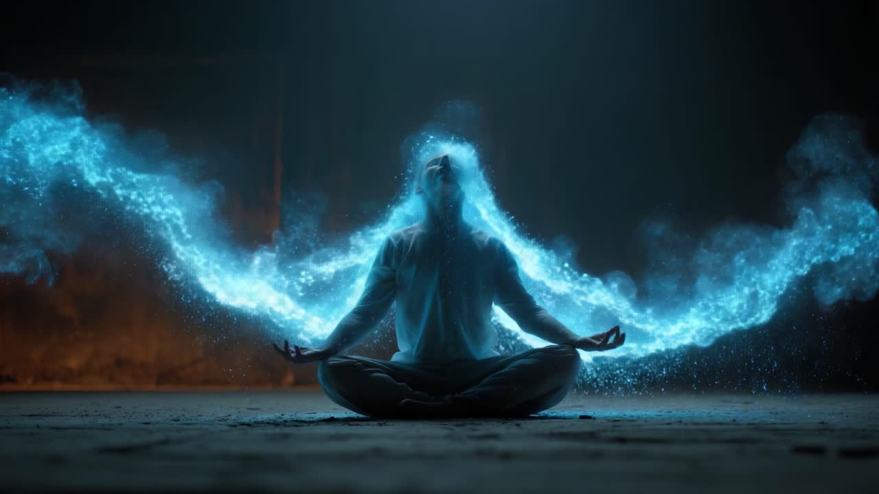 Un'esperienza meditativa serena: una persona in postura calma circondata da energia blu eterea, che cattura l'essenza della tranquillità e della pace interiore attraverso la visualizzazione.