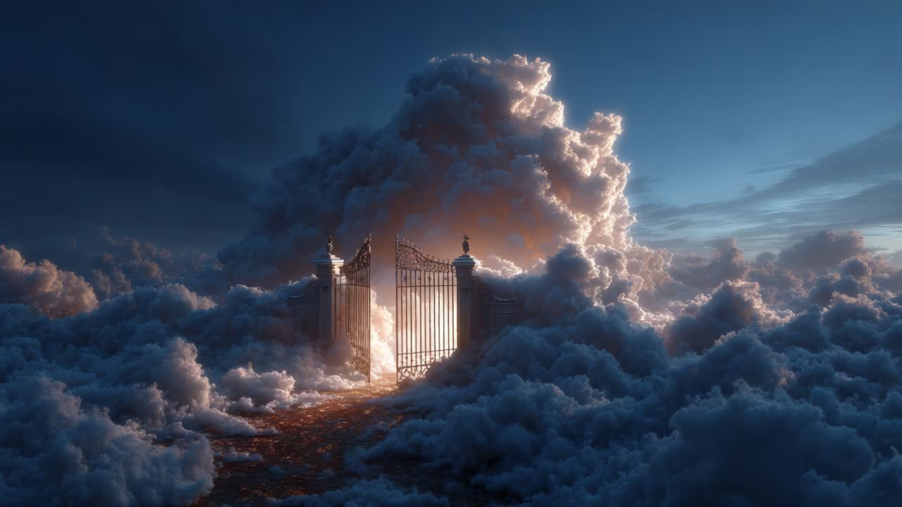 A mesmerizing view of celestial gates opening amidst fluffy, illuminated clouds, symbolizing a gateway to a dreamlike realm of tranquility and wonder