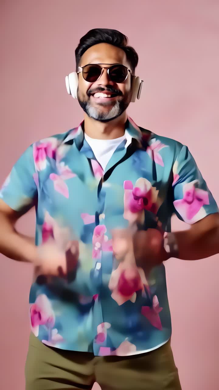 A man in a floral shirt is dancing and wearing headphones