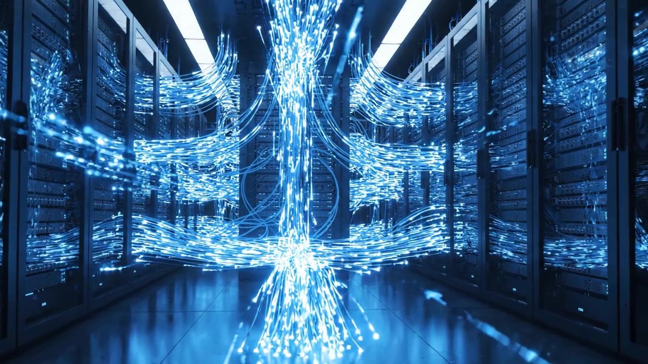 A Captivating Journey Through a Digital Network: Visually Stunning Depiction of Data Flow within a Server Room Featuring Luminous Connections Between Devices