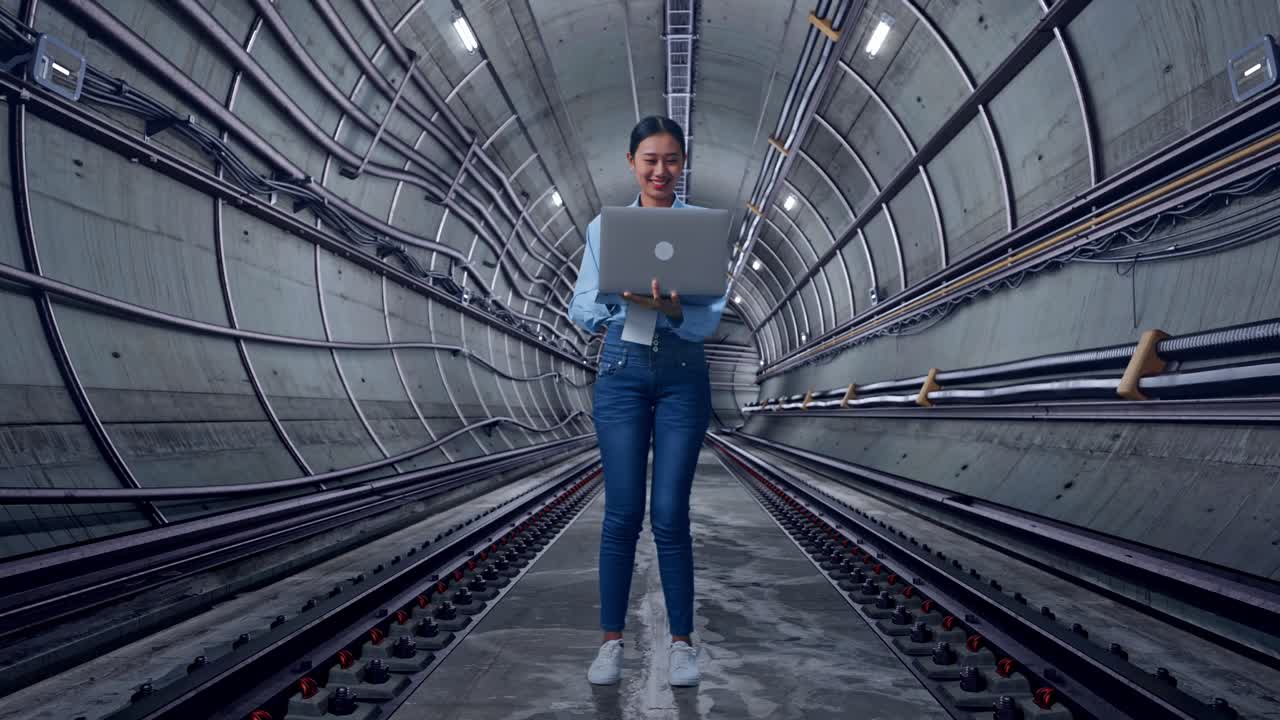 Full Body Of Asian Female With Her Laptop In Underground Subway Tunnel, Working Continuously