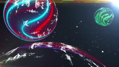 컴퓨터에 의해 생성된 다채로운 우주 풍경: 별빛 바탕에 네온 행성과 함께 미래의 공간 3d 렌더링
