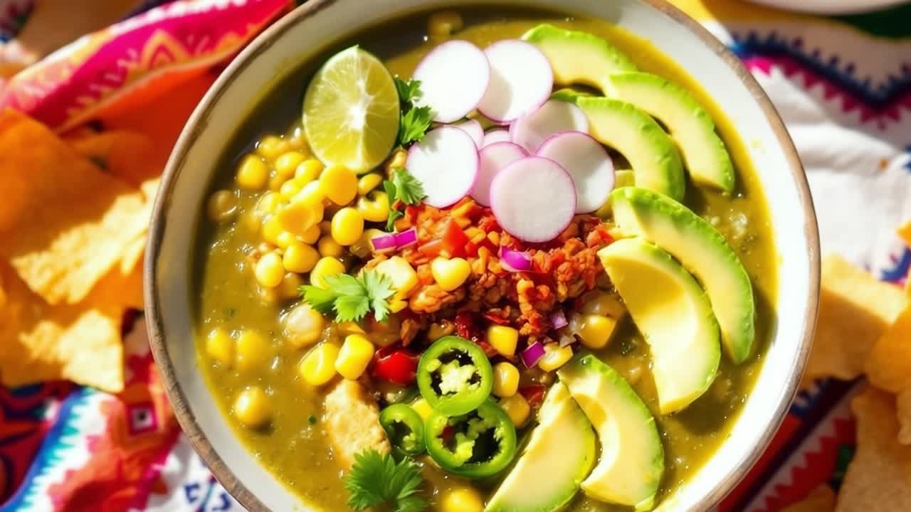 Mexican pozole verde garnished with avocado, corn, radish, lime, coriander, served alongside crisp tortilla chips, basking in warm sunlight