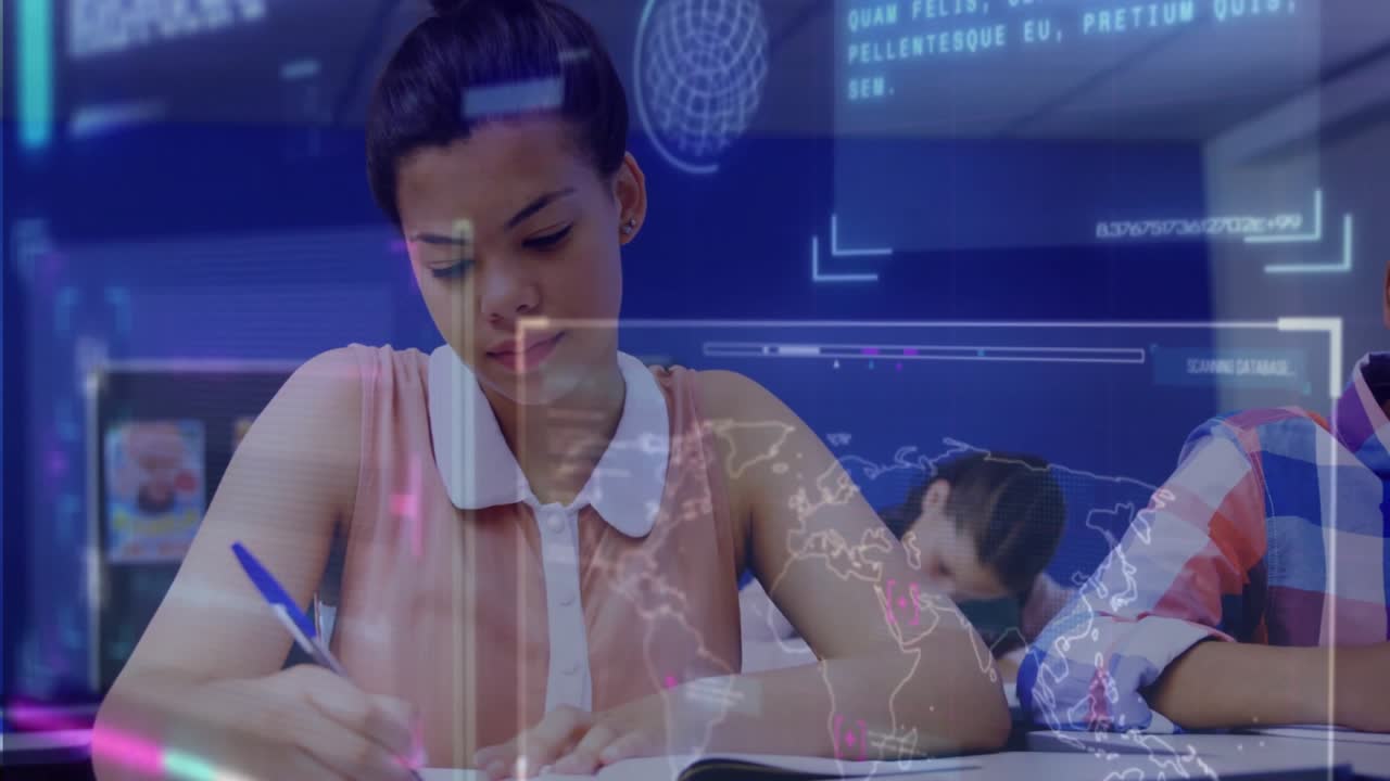 Teenage female student writing in notebook during lecture while digital map grid appearing around