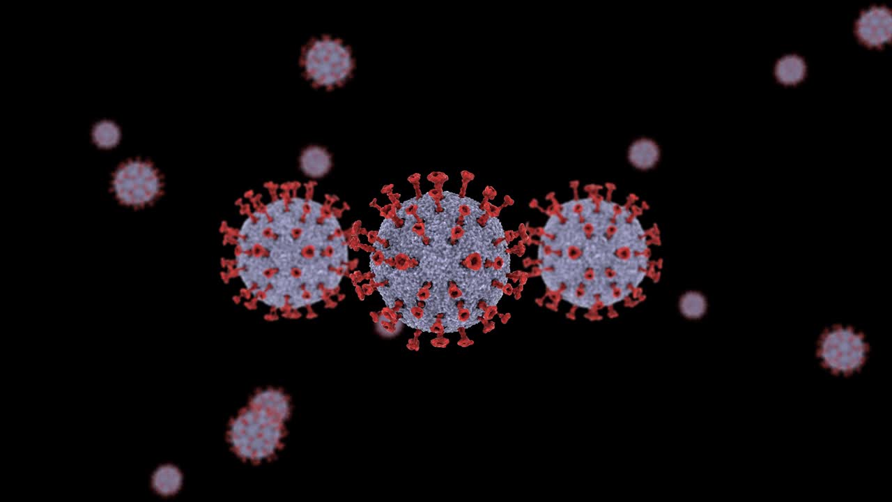 animación 3d de células de coronavirus flotantes con primer plano frontal en 3 células con canal alfa y bucle