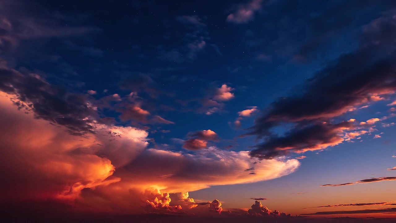 Dramatic sunset sky with vibrant orange and blue clouds
