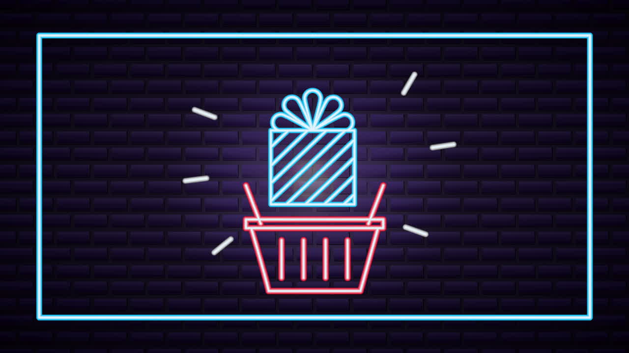 쇼핑 바구니와 함께 상업용 네온 조명 라벨