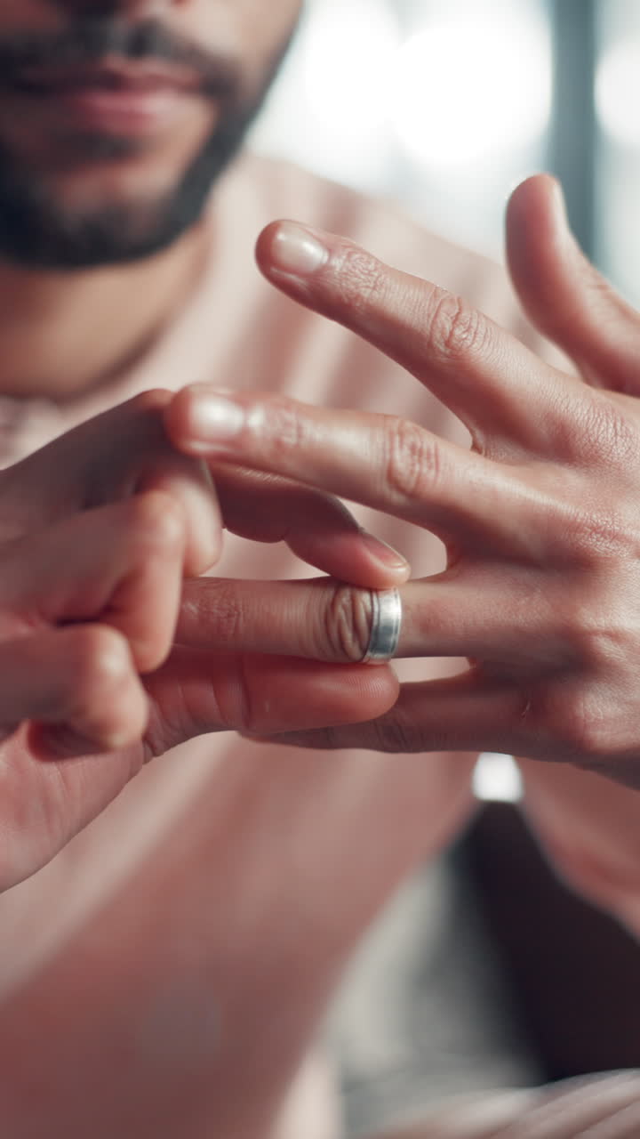 Close-Up of a Man Struggling to Remove a Ring from His Finger