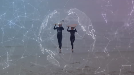 Senior surfers holding surfboards overhead in shallow sea, featuring tech globe network nodes