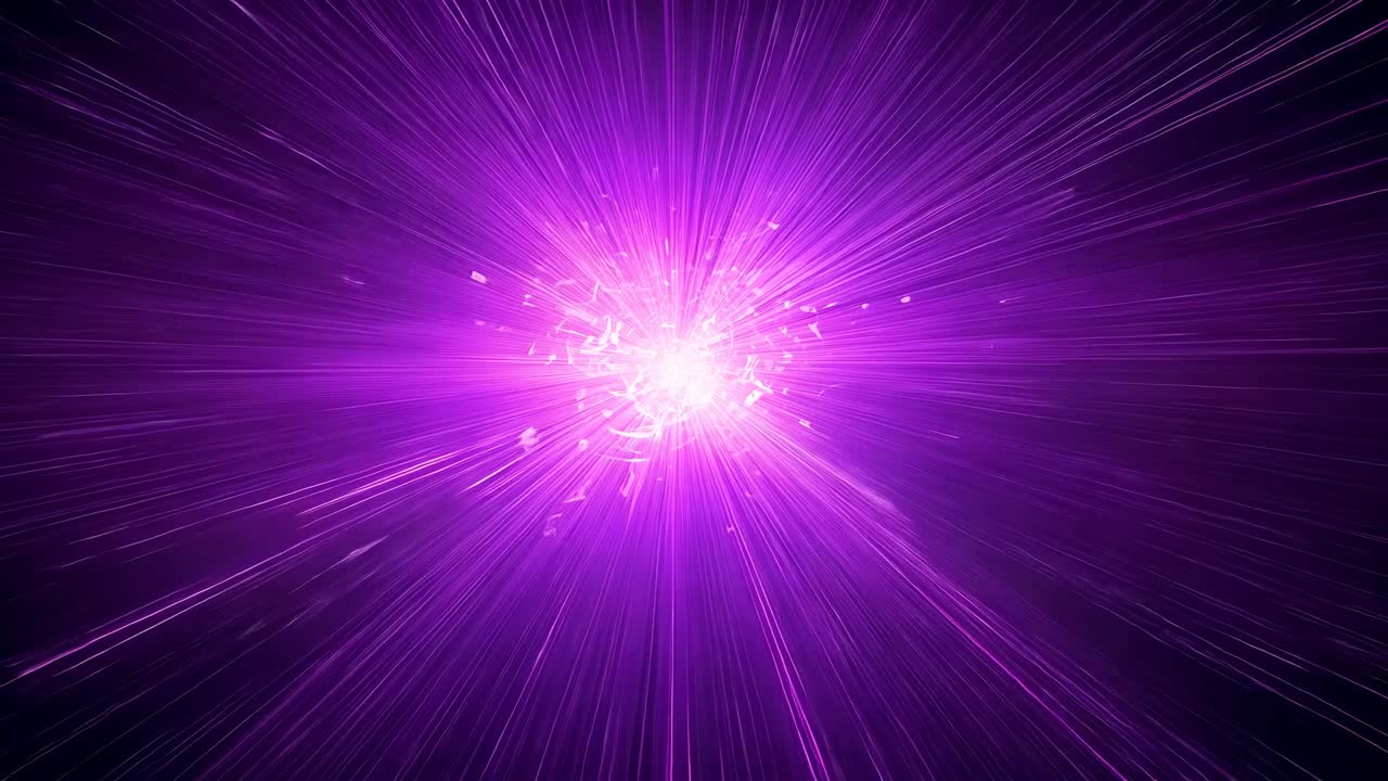 Pulsing central purple energy core radiating light streaks in dark void, triggered by opening burst