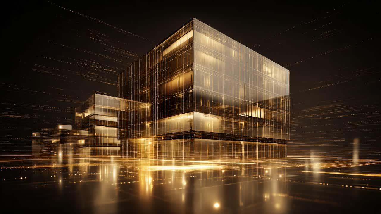 A Futuristic Urban Landscape Showcasing Glimmering Golden Structures Bathed in Ethereal Light, Representing Advanced Technology and Innovation in a Dynamic Digital Environment