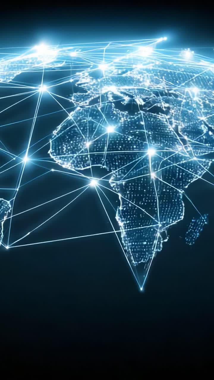 A Glowing Network of Connections: A Digital Map of the World Showcasing Global Connectivity through Blue and White Light Connections