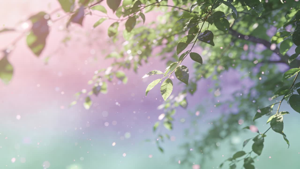 Leafy branch moving in breeze and sun leaves tilting particles drifting creating calm garden design