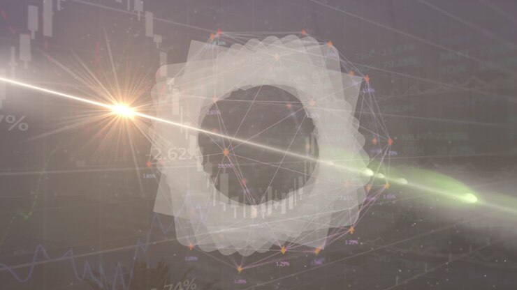 Animazione di un indicatore di caricamento dati su una rete, luci ed elaborazione dati su sfondo marrone.