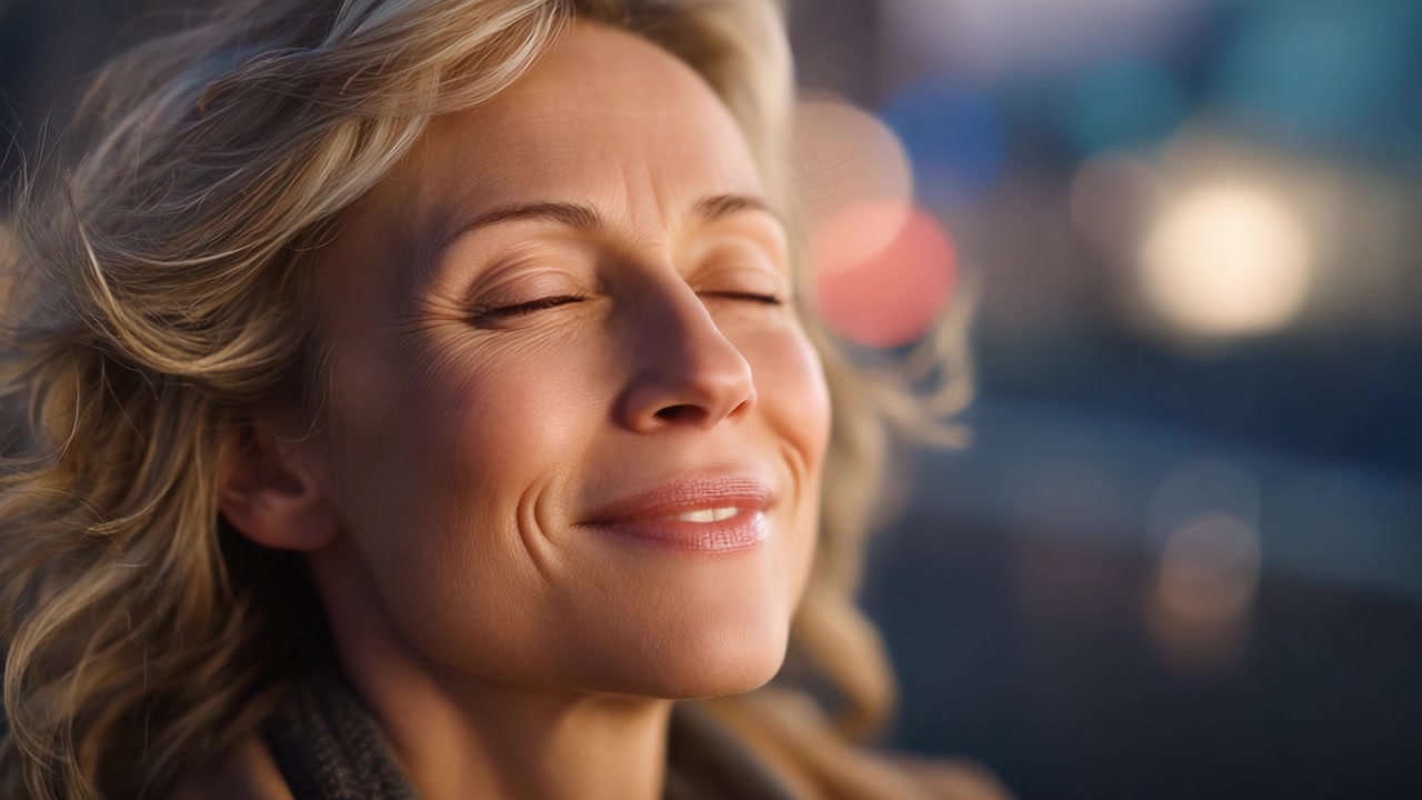 A serene moment captured: a woman enjoys the calmness of life with eyes closed, embracing tranquility and warmth in a softly lit environment