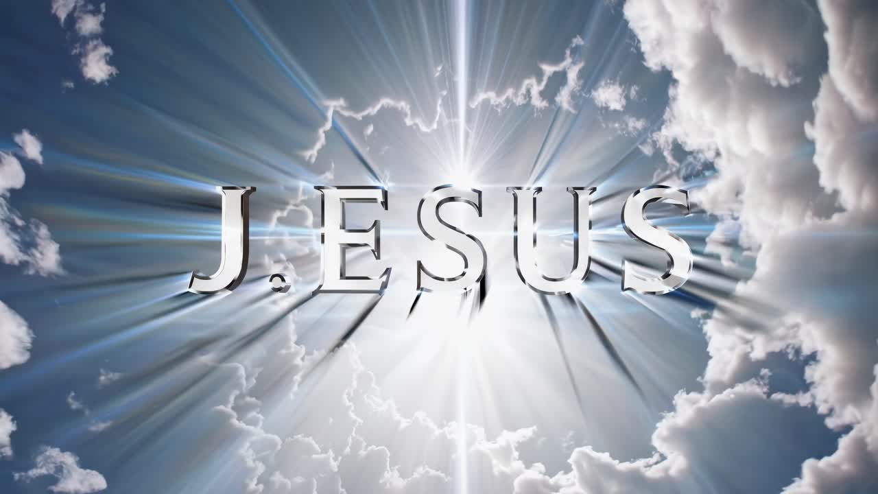 A dramatic video concept with a low-angle view of clouds parting to reveal the word 'JESUS' in bold