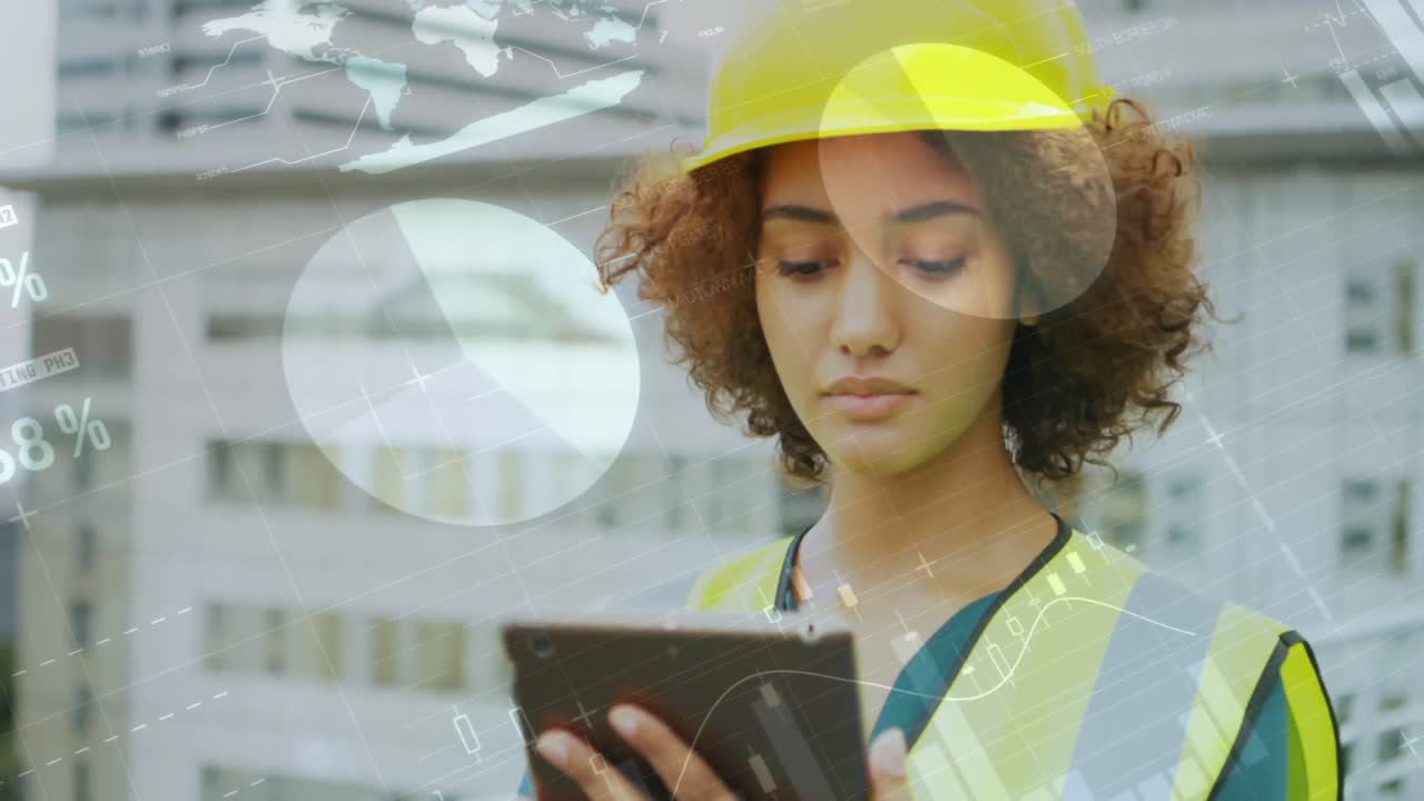 animación del procesamiento de estadísticas sobre una arquitecta usando una tableta en el sitio de construcción