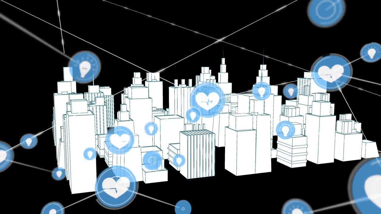 검은 바탕에 3d 도시 그림 위에 아이콘으로 연결된 네트워크의 애니메이션