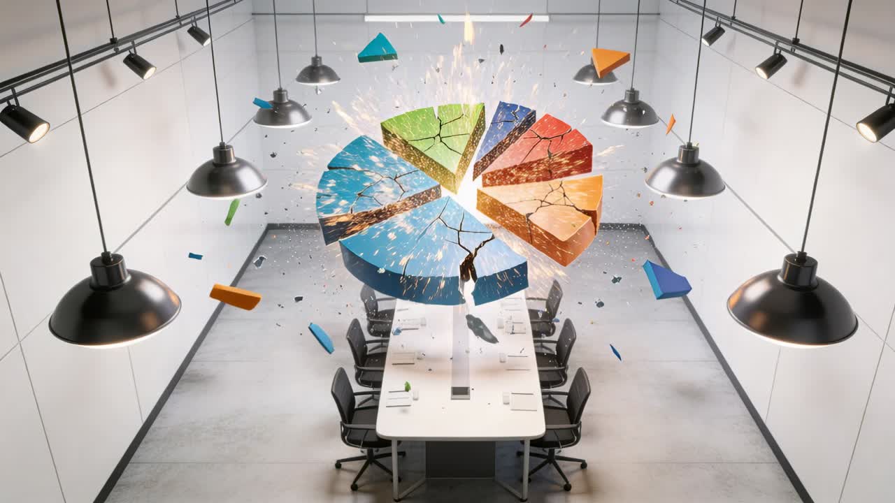 Central flash sending colorful 3D pie chart fracturing above conference table, scattered shards
