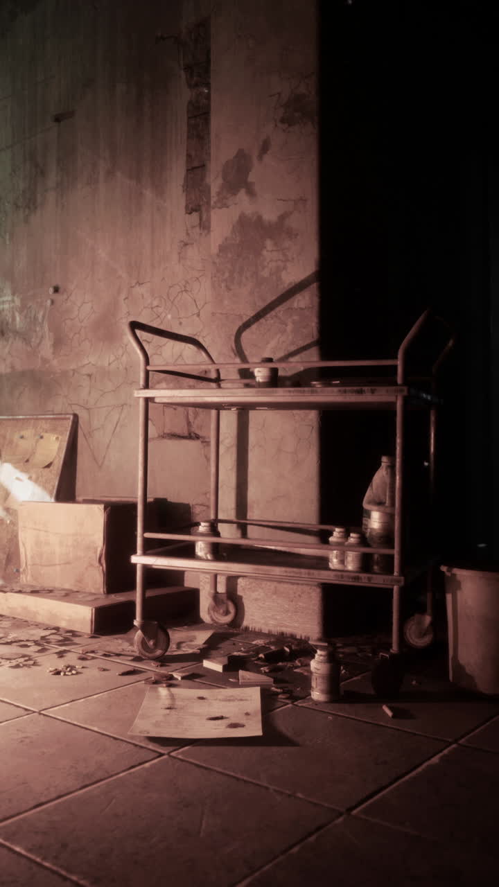 의료 카트 가 있는 버려진 병원 방