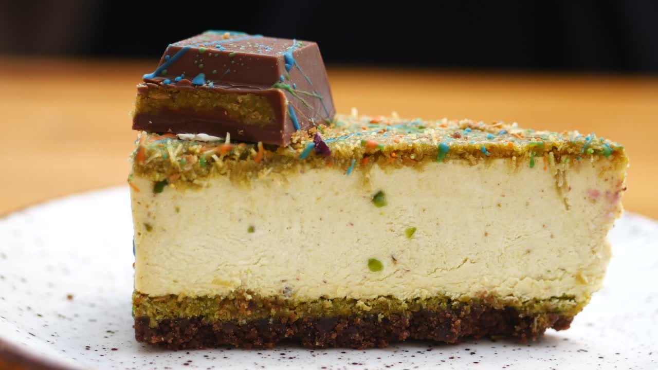Slice of pistachio cheesecake with chocolate topping