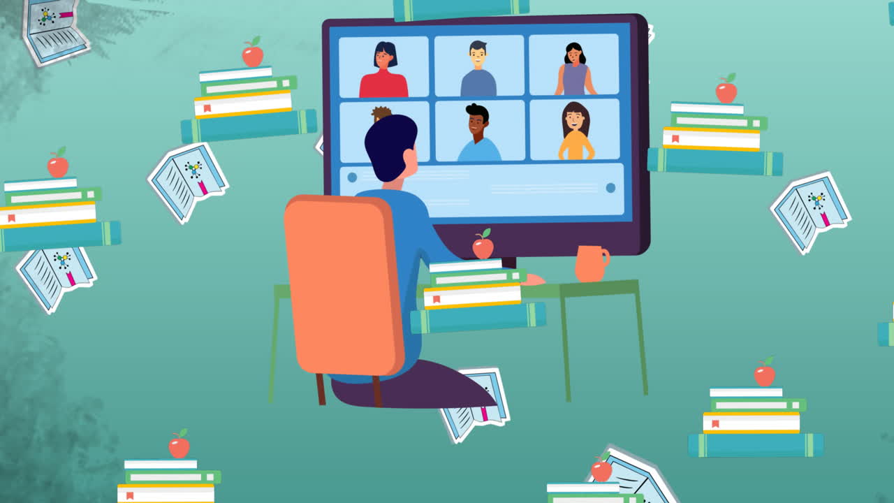 Animation of school items icons moving on green background