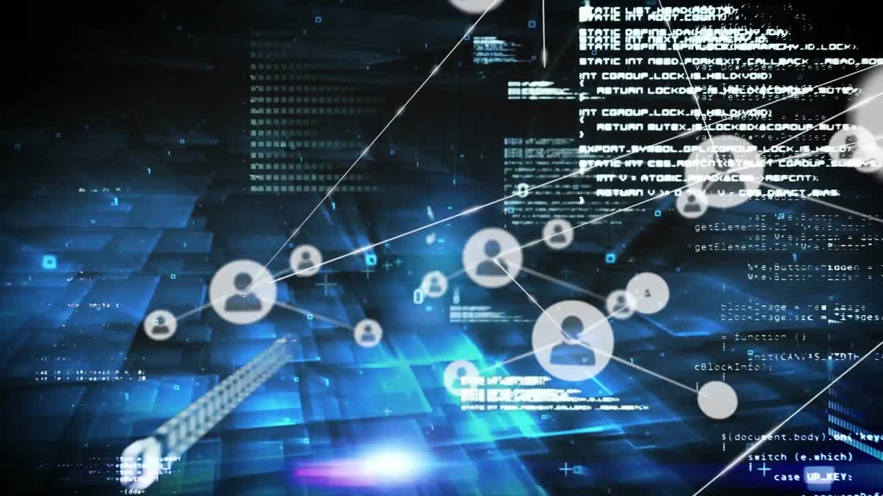 animación de iconos conectados a través de códigos binarios y lenguaje informático en un patrón abstracto iluminado