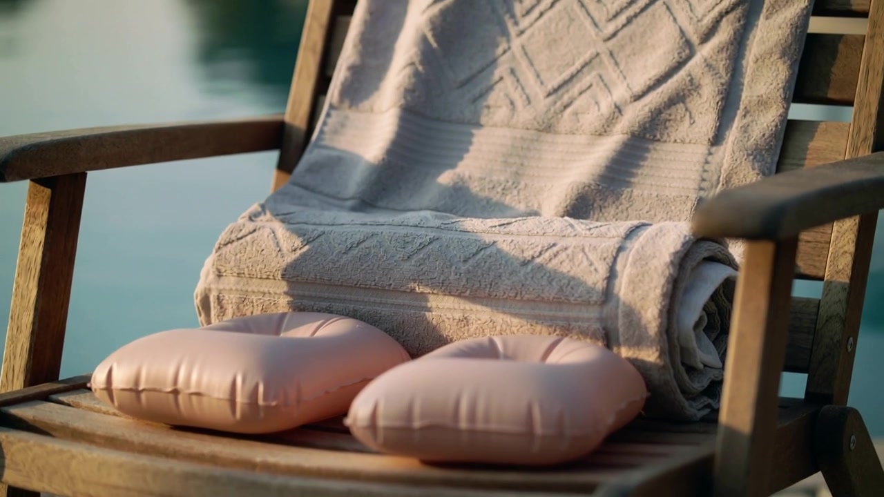 Shifting sun causing printed towel unrolling on wooden deck chair at dock, hiding pink cushions