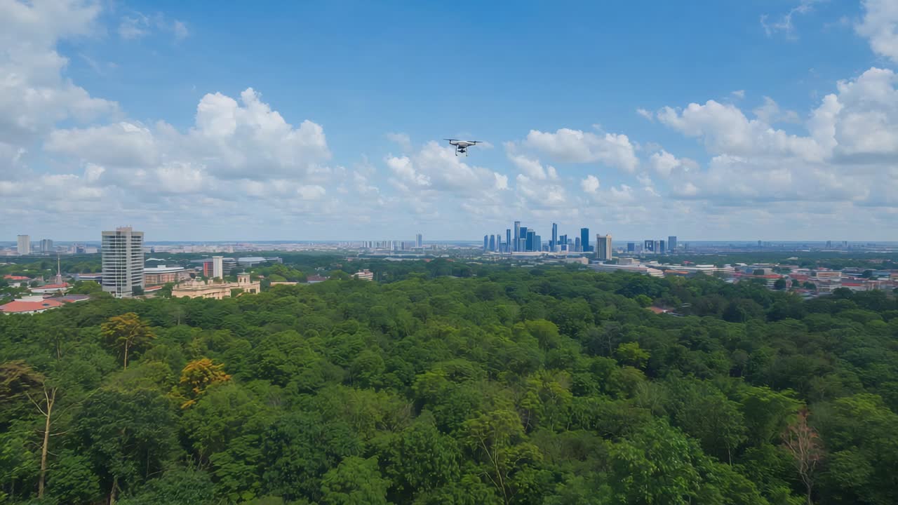 Receiving signal drone moving closer and descending over park canopy and skyline, showing gimbal
