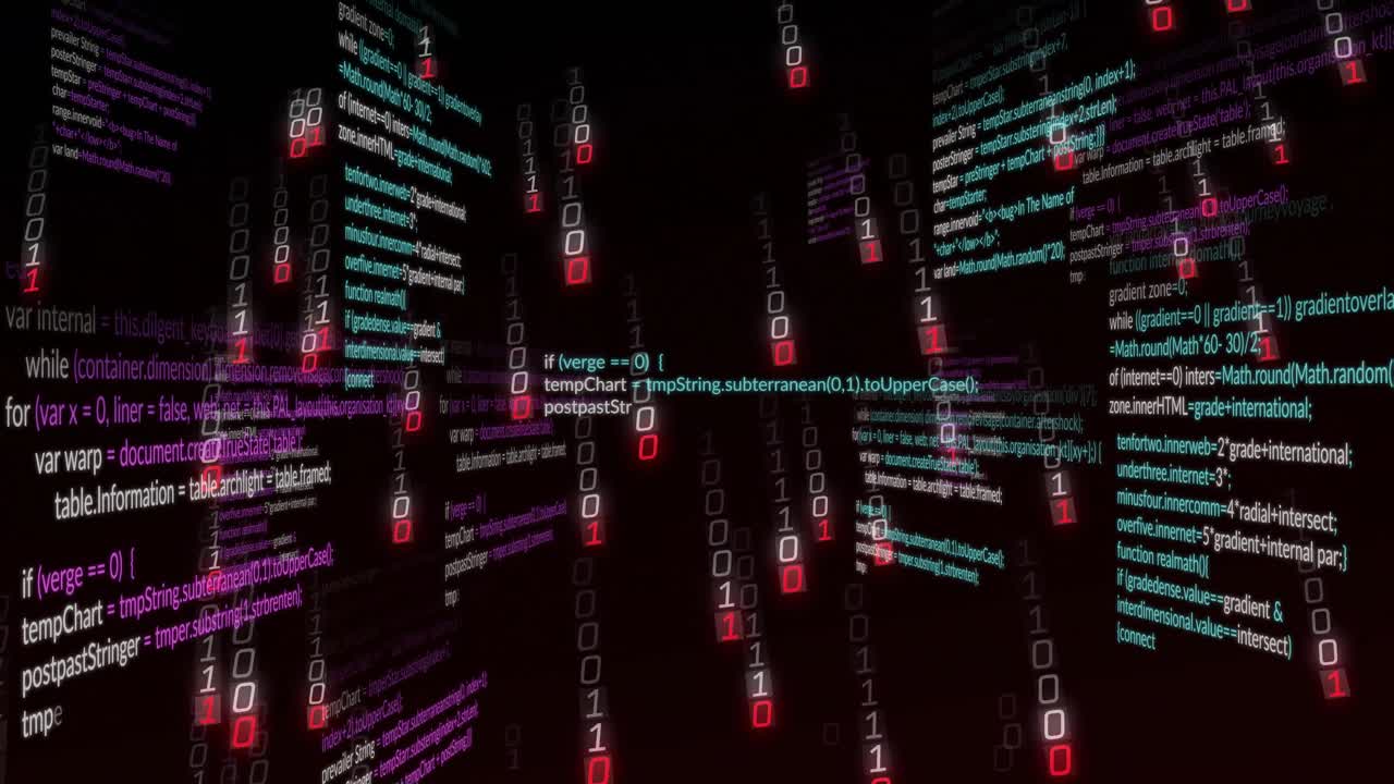 Opening code panel, panels emerging around void and binary digits cascading, forming data tunnel