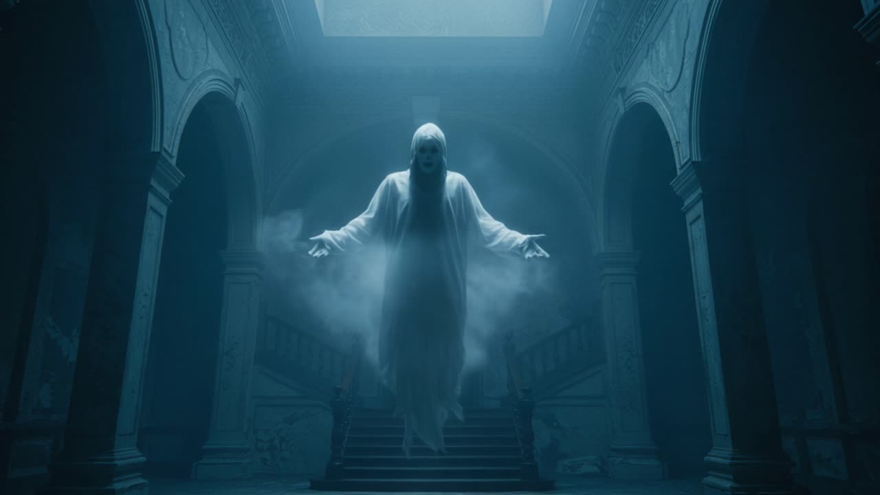 Ethereal Spirit in Enigmatic Ruins: A Haunting Specter Captured in Atmospheric Lighting and Dramatic Shadows, Evoking Emotions of Fear and Mystery