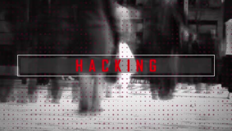 Animation of hacking text over people walking in city